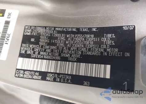 2008 Toyota Tundra Sr5 5.7L V8 из США, поврежденный, VIN 5TFEV54168X034986